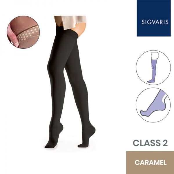 Sigvaris Essential Comfortable Unisex Class 2 Thigh High Caramel Compression Stockings with Grip Top